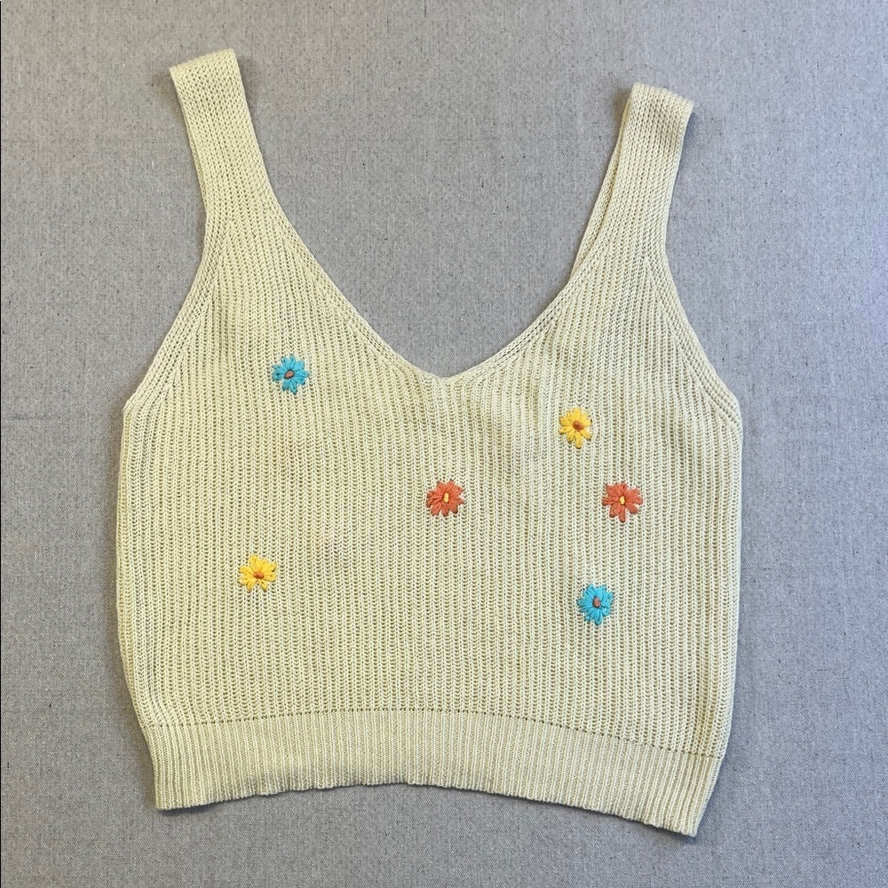 By Together Cream Knit V-Neck Tank with Blue, Yellow & Orange Floral Embroidery